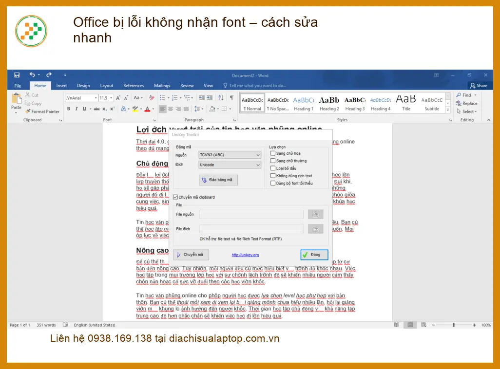 Văn phòng Office bị lỗi không nhận font – Trung tâm xử lý nhanh TPHCM