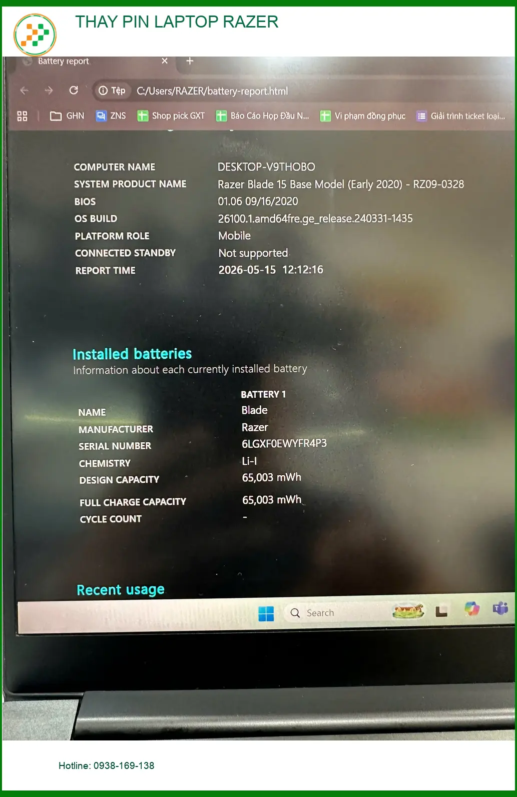 Chị Diễm giảng viên cần Dịch vụ Thay PIN LAPTOP RAZER Quận Gò Vấp lấy liền ảnh thực tế 2
